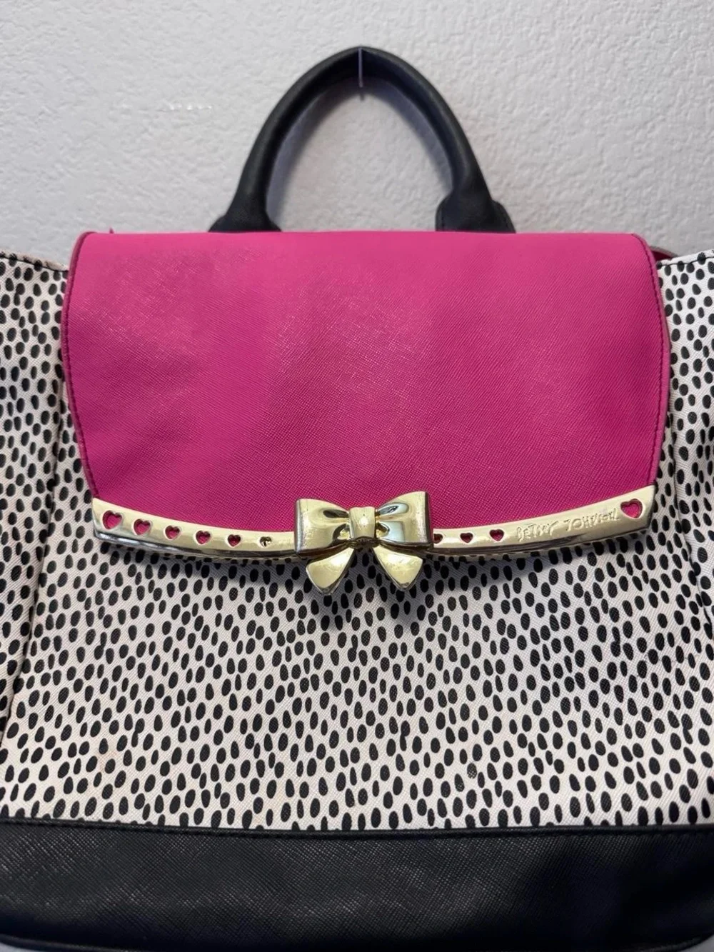 Betsey Johnson Pink Polka Dot Bow Backpack Black White Gold